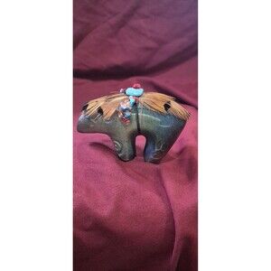 Raku Pottery Spirit Bear Fetish w Feathers & Beads By Jeremy Diller Signed